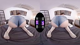 Curvaceous brunette with big boobs, Mia Evans is masturbating in VR and moaning during an orgasm