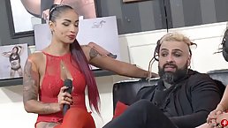 Seductive Brazilian brunette in erotic, red lingerie is about to masturbate and squirt on cam