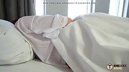 Petite teen brunette is sucking one of the biggest dicks she has ever seen, for free