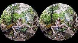 Skinny girl is using a vibrator in the nature, while making her first porn video
