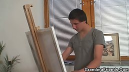 Horny, young guys are about to fuck a slutty granny and make her suck their cocks