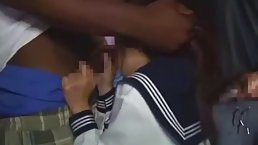 Japanese schoolgirl got a facial cumshot after sucking many black cocks, one after the other