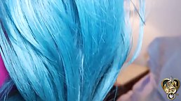 Black dude got a blowjob from a slutty chick with blue hair and ample assets