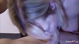 Sweet blonde chick with glasses gave a blowjob to a guy she wanted to fuck