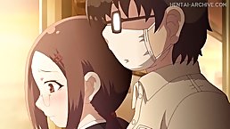 Hentai babe is blushing while a handsome guy is gently rubbing his dick against her