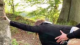 Nerdy babe is giving a blowjob to her married lover, while they are in the nature