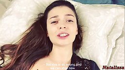 Amateur brunette, Natalissa is gently sucking her step- brother's dick and riding it like a pro