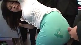 Asian babe got a cumshot from a kinky guy who was jerking off in the metro