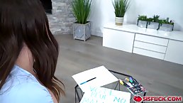 Veronica is kneeling in front of a guy she likes, Donnie and gently sucking his cock