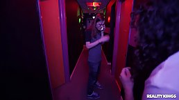 Big titted ladies are having a wild threesome with a handsome guy, in the club