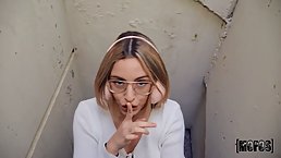 Naughty blonde teen is sucking a stranger's dick in a public place and getting fucked