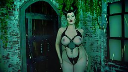 Busty Villainess with black horns is slowly taking off her clothes to show her ample curves