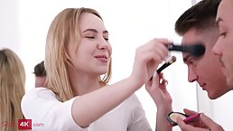 Playful blonde babe is about to experience double penetration for the first time, during group sex