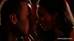 Sensual brunette in erotic lingerie definitely knows how to please a man with her lips and pussy