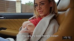 Charming blonde babe with glasses is obviously very horny and doesn't mind fucking a friend
