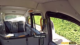 British brunette is sucking a taxi driver's dick and getting assfucked, in the back of his car