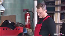 Insatiable mature brunette is getting her hairy pussy ravaged by a horny mechanic, in his workshop