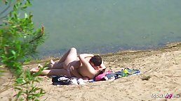 Slutty blonde teen is riding a stiff dick on the beach, in the middle of the day