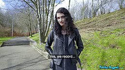 Sweet brunette is about to give a blowjob to a stranger, before riding his dick