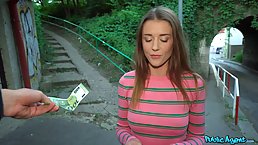 European babe with blue eyes is sucking and riding a stranger's hard dick, for cash