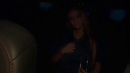 Big titted woman is fucking a horny, black guy in the back of a car