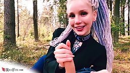 Sensual chick is sucking dick in the forest and expecting a massive facial cumshot as a reward