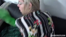 Naive blonde with glasses is pleasing a random man with her tits and soaking wet pussy
