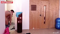 Small titted, blonde teen sucks dick in the sauna and gets her daily dose of fuck