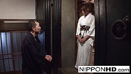 Japanese brunette in a kimono is about to spread up for one of her husband's friends