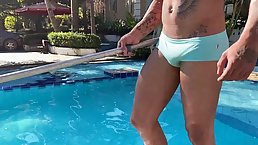 Handsome, pool guy is about to eat pussy, instead of just doing his job, as usual
