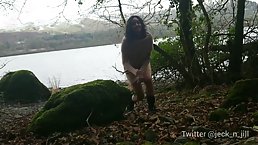 Charming teen brunette with curly hair is sucking dick in the nature and getting fucked from behind