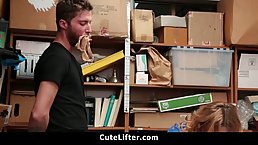 After she caught a handsome guy shoplifting, security guard used an opportunity to have sex with him