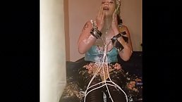 Kinky brunette got tied up and covered with cake, because she likes how it feels