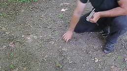 Naked brunette got tied up in the forest by a masked man and enjoyed it