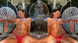 Busty babe is using a big, silicone dildo to make herself cum, during the day