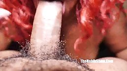 Red haired, Ebony plumper with ample assets is sucking redzilla's rock hard dick, just for fun