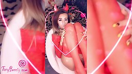 Sweet brunette in erotic lingerie and stockings is about to start toying her soaking wet pussy