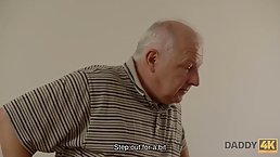 Charming teen brunette likes the way her boyfriend's father is fingering and eating her pussy