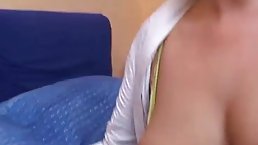 Mature blonde woman with a hairy pusssy is about to masturbate, in front of the camera