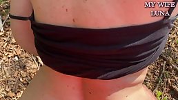 Mature, blonde woman is eagerly sucking a random guy's dick in the nature, before getting assfucked