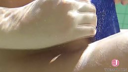 Sweet, Asian brunette in a swimsuit likes to touch herself while no one is watching