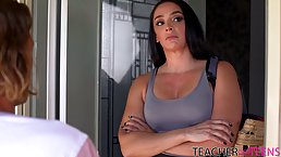 Seductive girls are having a threesome with a handsome guy, while his wife is out of town