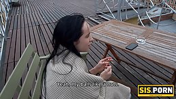 Naughty brunette with firm tits is getting fucked from the back, after smoking on the balcony