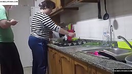 Chubby woman likes to get fucked in the kitchen every once in a while, until she cums