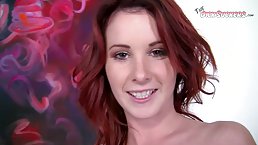 Sweet babe with red hair, Valentine is sucking a hard cock, in front of the camera