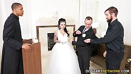 Right after getting married, chubby brunette wanted to get spit- roasted in front of her husband