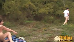 Chubby mature likes to have casual sex in the nature, with her much younger lover