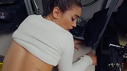 Naive teen brunette is fucking a horny guy in front of a hidden camera and enjoying it