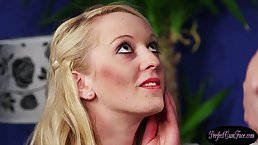 Passionate blonde mature in erotic, black stockings is about to have sex with her boss