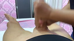 Horny man likes the way an experienced woman is waxing his dick and rubbing it a bit